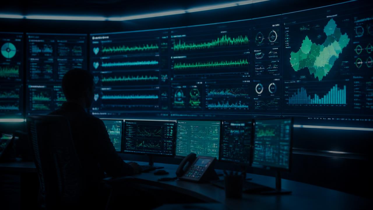 Illustrative remote monitoring operations centre with vital-sign dashboards