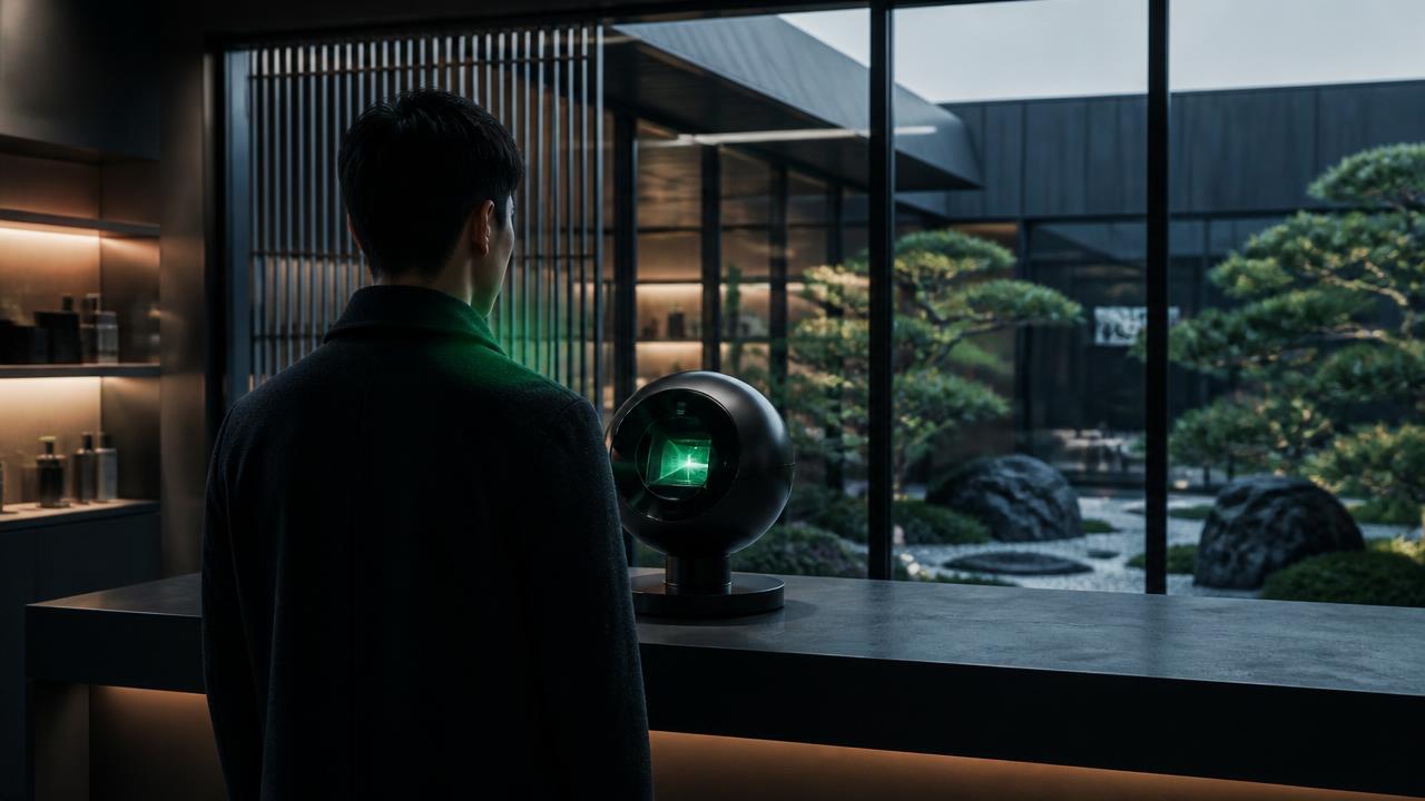 Illustrative biometric identity verification station inside a Japanese storefront